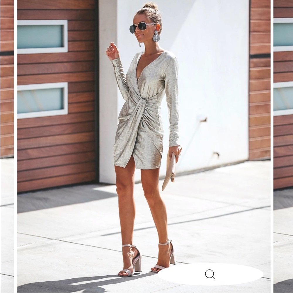Shimmer Twist-Front Long Sleeve Mini Dress - Silver